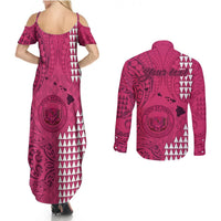 Personalised Maui Island Couples Matching Summer Maxi Dress and Long Sleeve Button Shirts Kakau Tribal Mixed Polynesian Pattern Pink LT9 - Wonder Print Shop