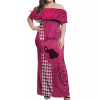 Personalised Maui Island Off Shoulder Maxi Dress Kakau Tribal Mixed Polynesian Pattern Pink - Wonder Print Shop