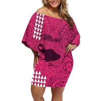 Personalised Maui Island Off Shoulder Short Dress Kakau Tribal Mixed Polynesian Pattern Pink - Wonder Print Shop