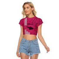 Personalised Maui Island Raglan Cropped T Shirt Kakau Tribal Mixed Polynesian Pattern Pink - Wonder Print Shop