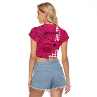 Personalised Maui Island Raglan Cropped T Shirt Kakau Tribal Mixed Polynesian Pattern Pink - Wonder Print Shop
