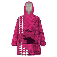 Personalised Maui Island Wearable Blanket Hoodie Kakau Tribal Mixed Polynesian Pattern Pink - Wonder Print Shop