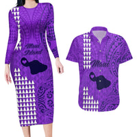 Maui Island Couples Matching Long Sleeve Bodycon Dress and Hawaiian Shirt Kakau Tribal Mixed Polynesian Pattern Purple LT9 - Wonder Print Shop