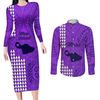 Maui Island Couples Matching Long Sleeve Bodycon Dress and Long Sleeve Button Shirts Kakau Tribal Mixed Polynesian Pattern Purple LT9 - Wonder Print Shop