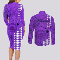 Maui Island Couples Matching Long Sleeve Bodycon Dress and Long Sleeve Button Shirts Kakau Tribal Mixed Polynesian Pattern Purple LT9 - Wonder Print Shop