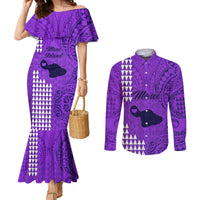 maui-island-couples-matching-mermaid-dress-and-long-sleeve-button-shirts-kakau-tribal-mixed-polynesian-pattern-purple