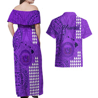 Maui Island Couples Matching Off Shoulder Maxi Dress and Hawaiian Shirt Kakau Tribal Mixed Polynesian Pattern Purple LT9 - Wonder Print Shop