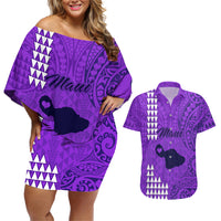 Maui Island Couples Matching Off Shoulder Short Dress and Hawaiian Shirt Kakau Tribal Mixed Polynesian Pattern Purple LT9 - Wonder Print Shop