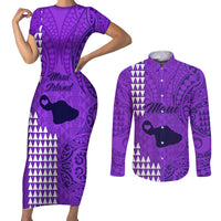 Maui Island Couples Matching Short Sleeve Bodycon Dress and Long Sleeve Button Shirts Kakau Tribal Mixed Polynesian Pattern Purple LT9 - Wonder Print Shop
