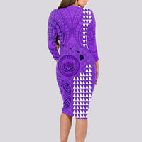 Maui Island Long Sleeve Bodycon Dress Kakau Tribal Mixed Polynesian Pattern Purple - Wonder Print Shop