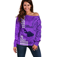Maui Island Off Shoulder Sweater Kakau Tribal Mixed Polynesian Pattern Purple - Wonder Print Shop