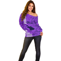 Maui Island Off Shoulder Sweater Kakau Tribal Mixed Polynesian Pattern Purple - Wonder Print Shop