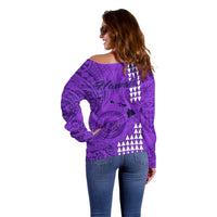 Maui Island Off Shoulder Sweater Kakau Tribal Mixed Polynesian Pattern Purple - Wonder Print Shop