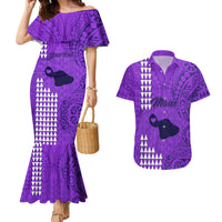 Personalised Maui Island Couples Matching Mermaid Dress and Hawaiian Shirt Kakau Tribal Mixed Polynesian Pattern Purple LT9 - Wonder Print Shop