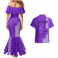 Personalised Maui Island Couples Matching Mermaid Dress and Hawaiian Shirt Kakau Tribal Mixed Polynesian Pattern Purple LT9 - Wonder Print Shop