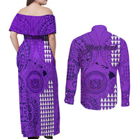 Personalised Maui Island Couples Matching Off Shoulder Maxi Dress and Long Sleeve Button Shirts Kakau Tribal Mixed Polynesian Pattern Purple LT9 - Wonder Print Shop