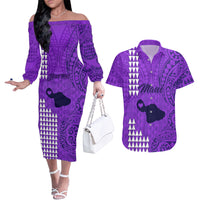 Personalised Maui Island Couples Matching Off The Shoulder Long Sleeve Dress and Hawaiian Shirt Kakau Tribal Mixed Polynesian Pattern Purple LT9 - Wonder Print Shop