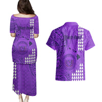 Personalised Maui Island Couples Matching Puletasi Dress and Hawaiian Shirt Kakau Tribal Mixed Polynesian Pattern Purple LT9 - Wonder Print Shop