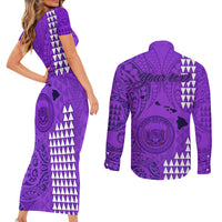 Personalised Maui Island Couples Matching Short Sleeve Bodycon Dress and Long Sleeve Button Shirts Kakau Tribal Mixed Polynesian Pattern Purple LT9 - Wonder Print Shop