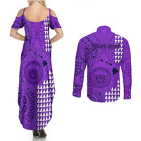 Personalised Maui Island Couples Matching Summer Maxi Dress and Long Sleeve Button Shirts Kakau Tribal Mixed Polynesian Pattern Purple LT9 - Wonder Print Shop