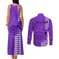 Personalised Maui Island Couples Matching Tank Maxi Dress and Long Sleeve Button Shirts Kakau Tribal Mixed Polynesian Pattern Purple LT9 - Wonder Print Shop