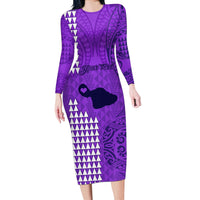 Personalised Maui Island Long Sleeve Bodycon Dress Kakau Tribal Mixed Polynesian Pattern Purple - Wonder Print Shop