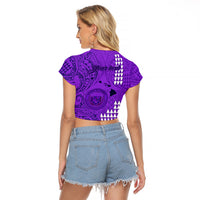 Personalised Maui Island Raglan Cropped T Shirt Kakau Tribal Mixed Polynesian Pattern Purple - Wonder Print Shop