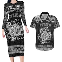 Personalized Anglesey Ynys Mon Couples Matching Long Sleeve Bodycon Dress and Hawaiian Shirt Black Standing Stone Celtic-inspired - Wonder Print Shop