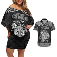 Personalized Anglesey Ynys Mon Couples Matching Off Shoulder Short Dress and Hawaiian Shirt Black Standing Stone Celtic-inspired - Wonder Print Shop
