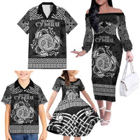Personalized Anglesey Ynys Mon Family Matching Off The Shoulder Long Sleeve Dress and Hawaiian Shirt Black Standing Stone Celtic-inspired - Wonder Print Shop