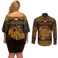 Personalized Anglesey Ynys Mon Couples Matching Off Shoulder Short Dress and Long Sleeve Button Shirt Gold Standing Stone Celtic-inspired - Wonder Print Shop