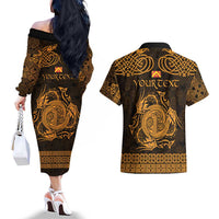 Personalized Anglesey Ynys Mon Couples Matching Off The Shoulder Long Sleeve Dress and Hawaiian Shirt Gold Standing Stone Celtic-inspired - Wonder Print Shop