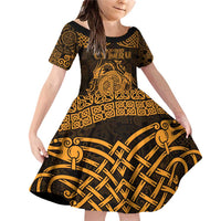 Personalized Anglesey Ynys Mon Family Matching Off Shoulder Short Dress and Hawaiian Shirt Gold Standing Stone Celtic-inspired - Wonder Print Shop