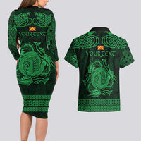 Personalized Anglesey Ynys Mon Couples Matching Long Sleeve Bodycon Dress and Hawaiian Shirt Green Standing Stone Celtic-inspired - Wonder Print Shop