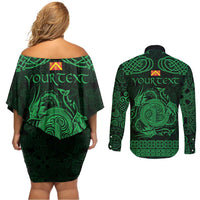 Personalized Anglesey Ynys Mon Couples Matching Off Shoulder Short Dress and Long Sleeve Button Shirt Green Standing Stone Celtic-inspired - Wonder Print Shop