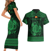 Personalized Anglesey Ynys Mon Couples Matching Short Sleeve Bodycon Dress and Hawaiian Shirt Green Standing Stone Celtic-inspired - Wonder Print Shop