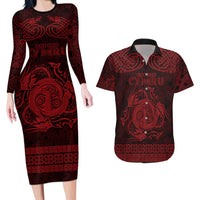 Personalized Anglesey Ynys Mon Couples Matching Long Sleeve Bodycon Dress and Hawaiian Shirt Red Standing Stone Celtic-inspired - Wonder Print Shop