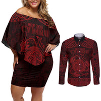 Personalized Anglesey Ynys Mon Couples Matching Off Shoulder Short Dress and Long Sleeve Button Shirt Red Standing Stone Celtic-inspired - Wonder Print Shop