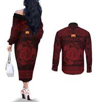 Personalized Anglesey Ynys Mon Couples Matching Off The Shoulder Long Sleeve Dress and Long Sleeve Button Shirt Red Standing Stone Celtic-inspired - Wonder Print Shop