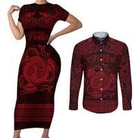 Personalized Anglesey Ynys Mon Couples Matching Short Sleeve Bodycon Dress and Long Sleeve Button Shirt Red Standing Stone Celtic-inspired - Wonder Print Shop