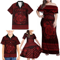 Personalized Anglesey Ynys Mon Family Matching Off Shoulder Maxi Dress and Hawaiian Shirt Red Standing Stone Celtic-inspired - Wonder Print Shop
