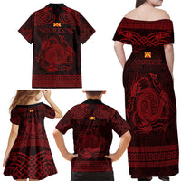 Personalized Anglesey Ynys Mon Family Matching Off Shoulder Maxi Dress and Hawaiian Shirt Red Standing Stone Celtic-inspired - Wonder Print Shop