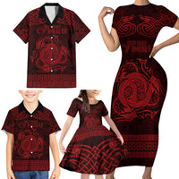 Personalized Anglesey Ynys Mon Family Matching Short Sleeve Bodycon Dress and Hawaiian Shirt Red Standing Stone Celtic-inspired - Wonder Print Shop
