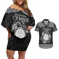 Personalized Brecknockshire Sir Frycheiniog Couples Matching Off Shoulder Short Dress and Hawaiian Shirt Black Brecon Beacons Mountain Celtic-inspired - Wonder Print Shop