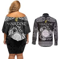 Personalized Brecknockshire Sir Frycheiniog Couples Matching Off Shoulder Short Dress and Long Sleeve Button Shirt Black Brecon Beacons Mountain Celtic-inspired - Wonder Print Shop
