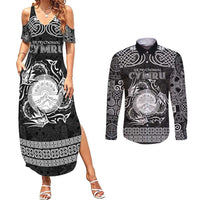 Personalized Brecknockshire Sir Frycheiniog Couples Matching Summer Maxi Dress and Long Sleeve Button Shirt Black Brecon Beacons Mountain Celtic-inspired - Wonder Print Shop