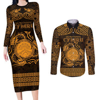 Personalized Brecknockshire Sir Frycheiniog Couples Matching Long Sleeve Bodycon Dress and Long Sleeve Button Shirt Gold Brecon Beacons Mountain Celtic-inspired - Wonder Print Shop