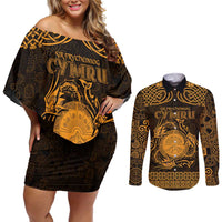 Personalized Brecknockshire Sir Frycheiniog Couples Matching Off Shoulder Short Dress and Long Sleeve Button Shirt Gold Brecon Beacons Mountain Celtic-inspired - Wonder Print Shop