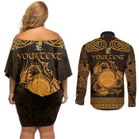 Personalized Brecknockshire Sir Frycheiniog Couples Matching Off Shoulder Short Dress and Long Sleeve Button Shirt Gold Brecon Beacons Mountain Celtic-inspired - Wonder Print Shop