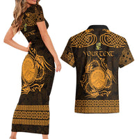 Personalized Brecknockshire Sir Frycheiniog Couples Matching Short Sleeve Bodycon Dress and Hawaiian Shirt Gold Brecon Beacons Mountain Celtic-inspired - Wonder Print Shop